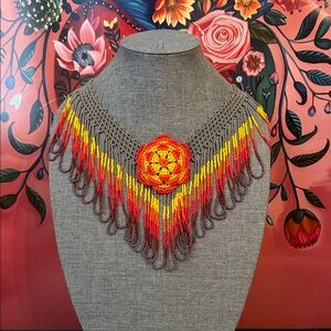 Handcrafted Beaded Necklace with Floral Design --  collar con aretes capuccino